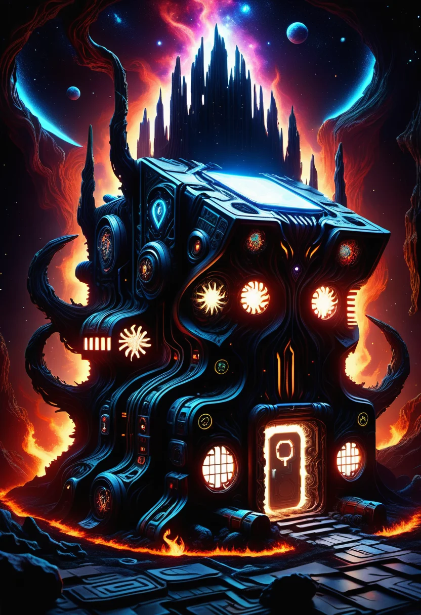 hyper detailed masterpiece, dynamic, awesome quality, DonMN1gh7D3m0nXL space colony medical bay and quarantine, magical runes,multi-tool,lost scroll, natural stone tiles (excluding those mentioned before),swedish weave tapestry, bonfire, neon lights, sci-fi, made of darkness  <lora:DonMN1gh7D3m0nXL-v1.1-000008:1>