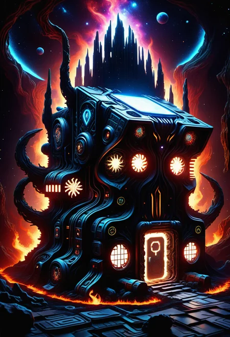 hyper detailed masterpiece, dynamic, awesome quality, DonMN1gh7D3m0nXL space colony medical bay and quarantine, magical runes,multi-tool,lost scroll, natural stone tiles (excluding those mentioned before),swedish weave tapestry, bonfire, neon lights, sci-fi, made of darkness <lora:DonMN1gh7D3m0nXL-v1.1-000008:1>