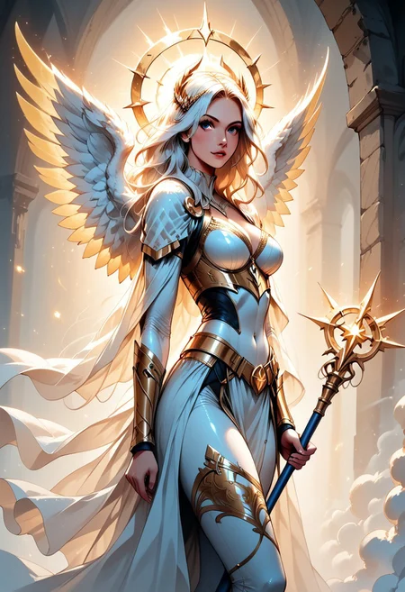score_9, score_8_up, score_7_up, (Western Comics), a full body image of a sexy mechangel girl, caucasian, seductive, (glowing wings), solo, glowing armor, glowing halo, glowing mechanical 4 wings (hyperdetailed:1.15), detailed, light passing through hair, (ultra detailed, high quality texture), (sharp), (artistic image), 32K, 4K, ULTRA HD, small waist, large breasts, tight white bodysuit with, crop: -5, (3/4 portrait), wide view, ((her whole head and hair is visible)), zoomed out, ((wings completely visible)), (wings uncropped), (from thighs and up), wings folded along her body, cowboy shot, angelify, (monochrome background), (nothing in background), plain background, Long white flowing hair, viking hairstyle, (wings fully visible), ((holding a glowing Magic Scepter upright with both her hands)), (her backside turned towards the viewer), Spell Casting, Frost spell