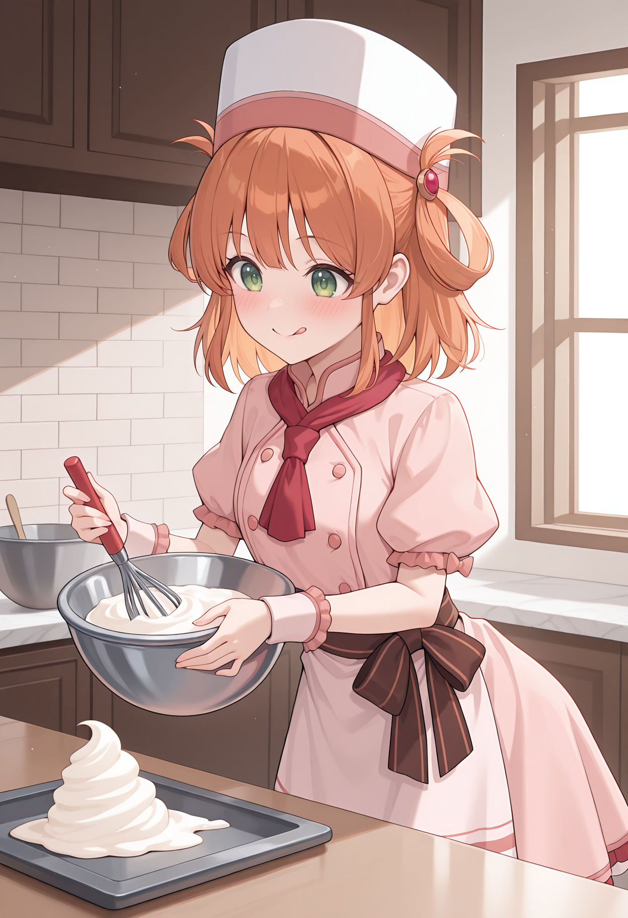 highres, best quality, masterpiece, indoors,
1girl, solo, pcrrino, hair rings, orange hair, brown hair, medium hair, green eyes,
rinoval, chef, chef hat, pink dress, red ascot, puffy sleeves, waist bow, brown bow, apron, wrist cuffs,
blush, smile, tongue out, 
mixing bowl, whipped cream, mixing, motion lines,
<lora:_rino_pcr-elesico-ilxl:1>
