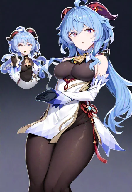 ganyu \(genshin impact\), 
blue_hair, long_hair, purple_eyes, sidelocks, medium_breasts, goat_horns, ahoge, cowbell, neck_bell, black_pantyhose, detached_sleeves, white_sleeves, black_gloves, bare_shoulders, chinese_knot, bodystocking, tassel, 
masterpiece, best quality, very aesthetic, absurdres, 1milf, 1adult, solo, full_body, tachi-e,