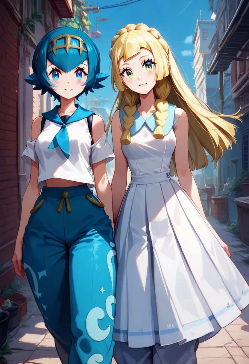 score_9, score_8_up, score_8, medium breasts, (curvy), cute, eyelashes,
LllLn, 2girls, zzLana, yellow hairpiece, blue hair, white shirt, sleeveless shirt, sailor collar, blue pants, baggy pants, zzlillie, long hair, French braid, white shirt, short sleeves, white skirt, pleated skirt,
smile,
walking, close together, arms around shoulders, rear view, highly detailed, intricate, zzCitronLegacy, alley, village, blush,
zPDXL, Expressiveh,