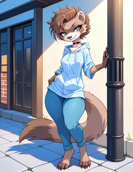 masterpiece, best quality, very aesthetic, absurdres,
outdoors,
casual, 
full body, standing, posing,
 seductive smile, parted lips, long eyelashes,
<lora:MiX_v01_NAIXL:1>
M1x,1girl,solo,furry,furry female,brown hair,short hair,blue eyes,snout,animal nose,fang,choker,body fur,two-tone fur,browm fur,claws,white fur,tail,