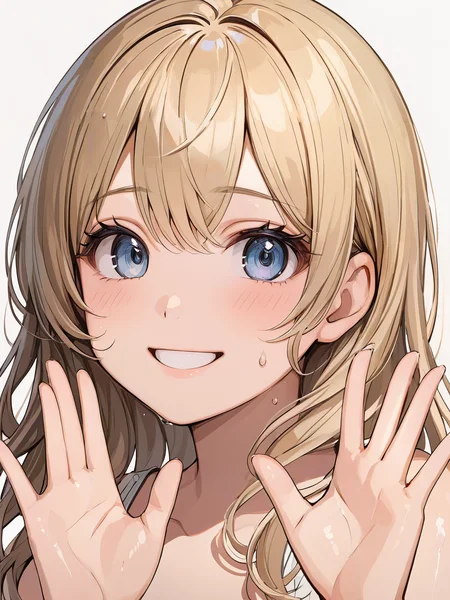 masterpiece,ultra-detailed,best quality,8K,illustration,cute face,clean skin ,shiny hair,girl,ultra-detailed-eyes,simple background, <lora:add-detail-xl:1> <lora:refusing pose_XL_V1.0:0.8> refusing pose,hands up,upper body,sweat ,smile