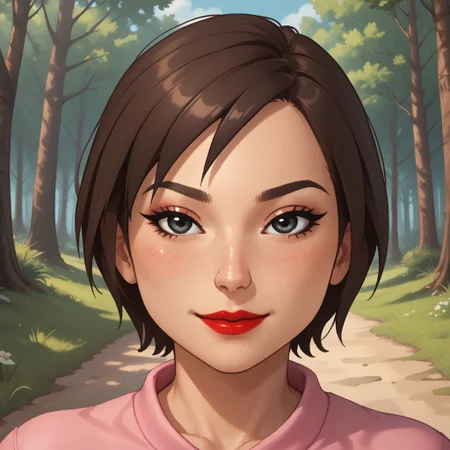 score_9, score_8, BREAK, solo, mii, wii u, wii sports club, 1girl, female mii, cute, brown hair, short ponytail, black eyes, makeup, blush, black purple eyeshadow, red lips, lipstick, pink clothing, white pants, sandals, breasts, Se-Young_(\Wii_Sports_Club\), Nintendo Mii, modern_mii, classic_mii, sexy pose, self portrait, smile, outdoors, sunlight, shadows, evening lighting, natural lighting, forest, trees, grass, orange sky, sunset