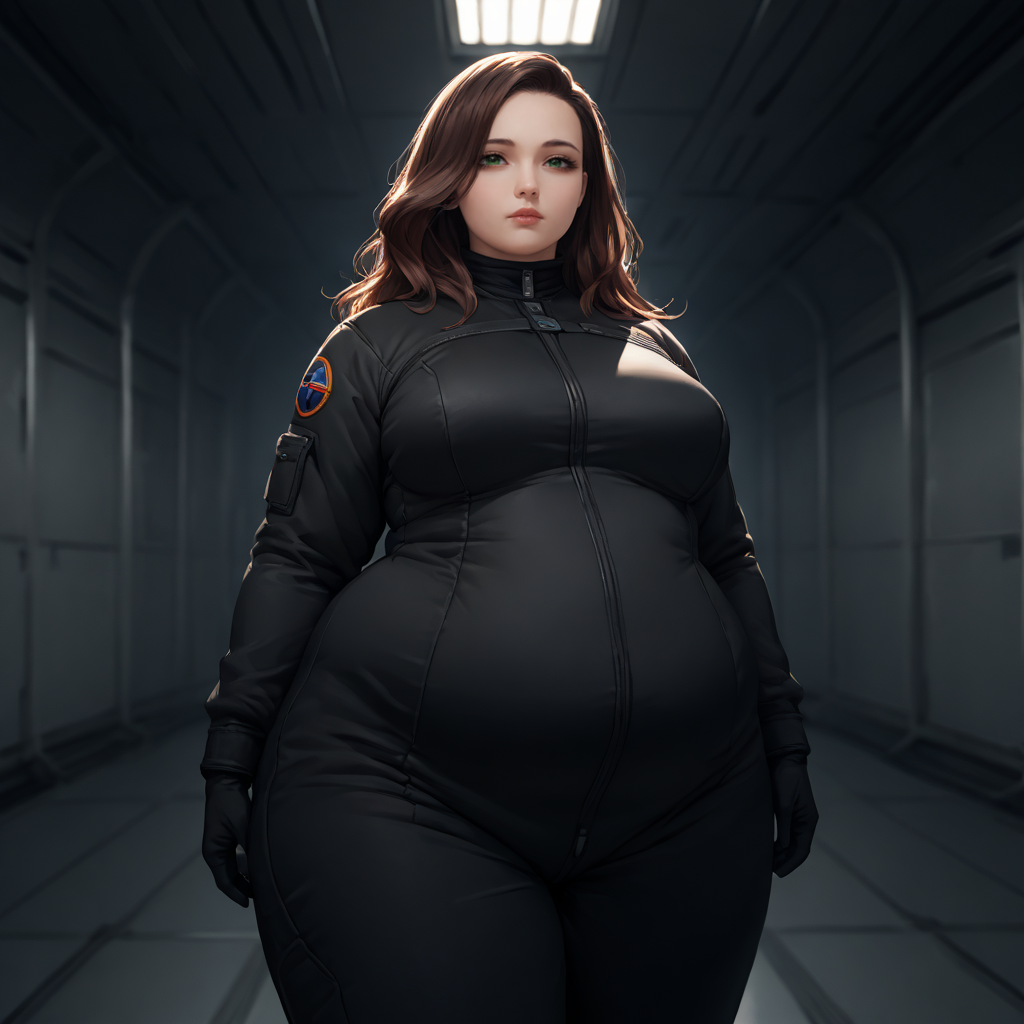 <lyco:SyMix_Pony_v05a02:1>, score_9, score_8_up, score_8, solo, 1 woman, adult, <lora:add-detail-xl:1>,  <lora:EthicaXL:0.5>, fat ethica wearing black flight suit, hangar bay, long brown hair