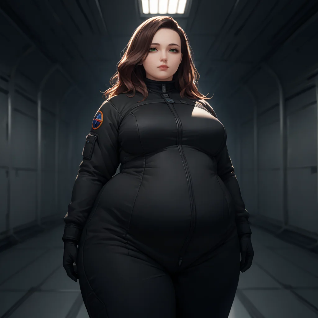 <lyco:SyMix_Pony_v05a02:1>, score_9, score_8_up, score_8, solo, 1 woman, adult, <lora:add-detail-xl:1>,  <lora:EthicaXL:0.5>, fat ethica wearing black flight suit, hangar bay, long brown hair