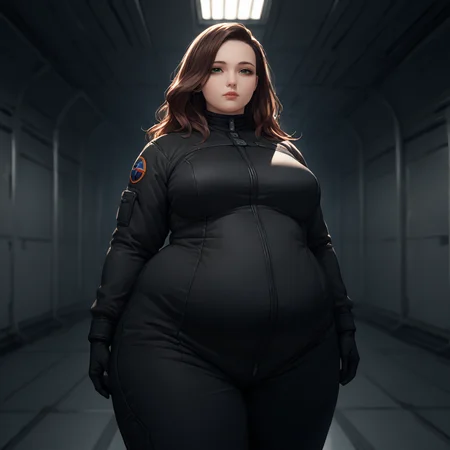 <lyco:SyMix_Pony_v05a02:1>, score_9, score_8_up, score_8, solo, 1 woman, adult, <lora:add-detail-xl:1>, <lora:EthicaXL:0.5>, fat ethica wearing black flight suit, hangar bay, long brown hair