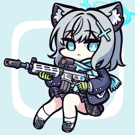 1girl, shiroko_\(blue_archive\), animal_ears, halo, wolf_ears, solo, weapon, gun, scarf, holding, blue_eyes, assault_rifle, grey_hair, holding_weapon, chibi, jacket, blue_scarf, school_uniform, hair_ornament, cross_hair_ornament, animal_ear_fluff, skirt, simple_background, holding_gun, gloves, white_background, sig_sauer, rifle, looking_at_viewer, shirt, white_shirt, open_clothes,,<lora:Kei_Style_noob-4:1>,