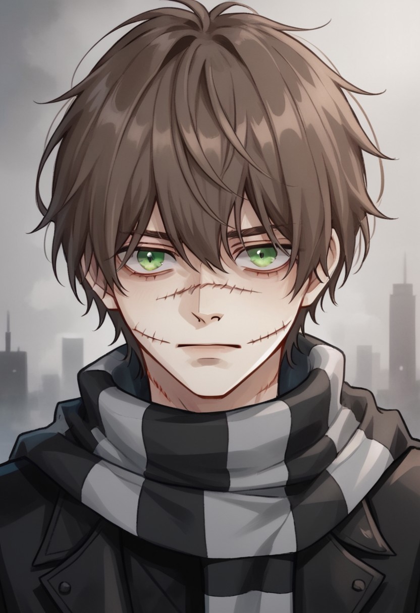 1boy, green eyes, short brown hair, scars around nose and mouth, black stripped scarf, black coat, black pants, black boots, solo, male focus