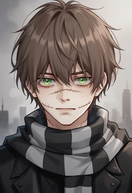 1boy, green eyes, short brown hair, scars around nose and mouth, black stripped scarf, black coat, black pants, black boots, solo, male focus