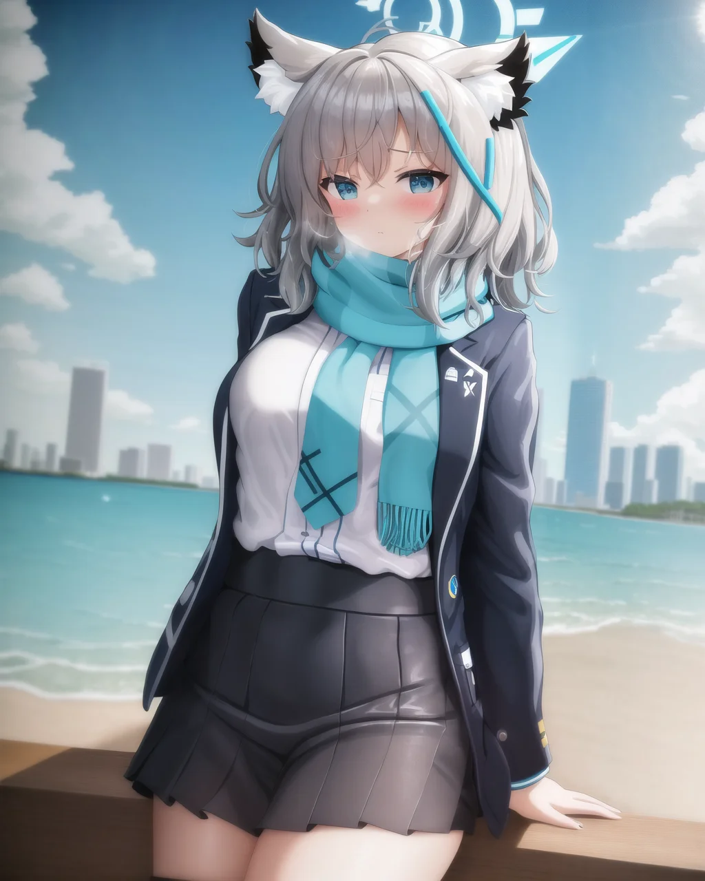 masterpiece,best quality,highres,8k,ba-shiroko,clouds,sunbeam,outdoors,city,white_shirt,blue_necktie,blue_jacket,halo,blue_archive,black_skirt