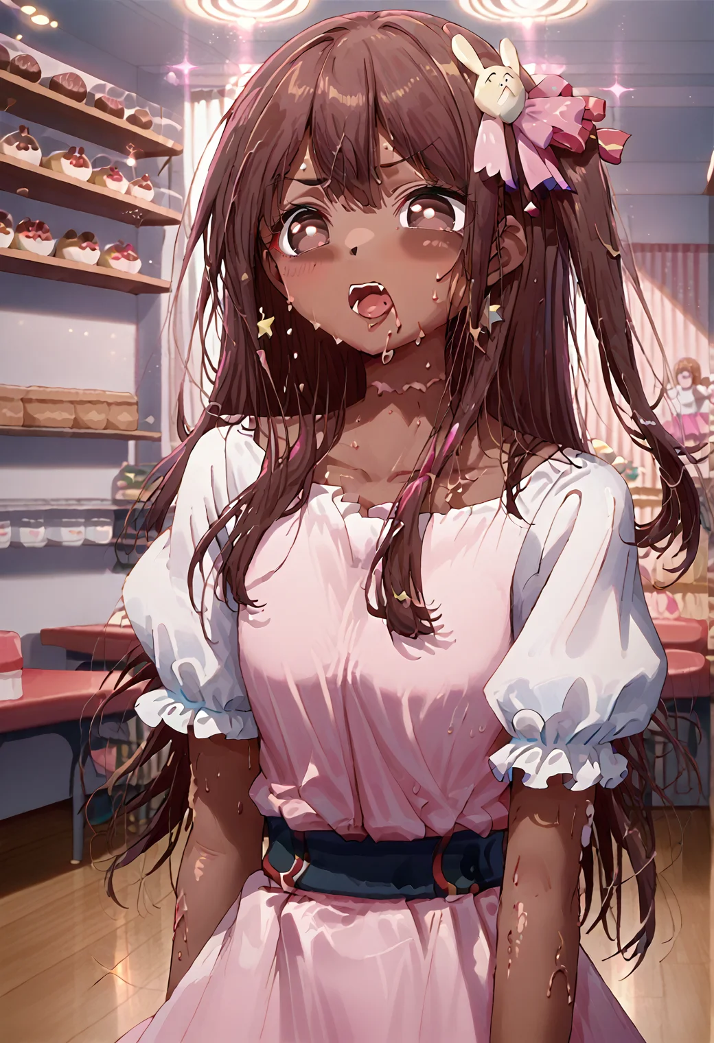 score_9, score_8_up, score_7_up, source_anime,,1girl,
<lora:Petrification_Lora_r1:0.8>,
chocolate skin,
chocolate_tf,
chocolate hair,
brown skin
,no eyes,
1girl, hoshinoai, solo, <lora:hoshinoai_ponyxl:1>, brown hair, brown eyes, long hair, (star-shaped pupils), one side up,idol, puffy sleeves, puffy short sleeves, bunny hair ornament, hair ornament, star hair ornament, gradient dress, white dress, pink dress, facing viewer, heart, sparkle, upper body, close-up, fangs, sweat, one eye closed, open mouth
,sweetsshop, inside,
, detailed background, high resolution background,