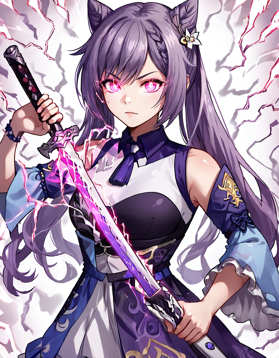 score_9, score_8_up, score_7_up,
source_anime, rating_safe,rating_questionnable,
keqing,unsheathing, holding shiny weapon, drawing sword,
agressive,glowing eyes,static electricity
fantasy background,
 <lora:unsheathing:0.9>