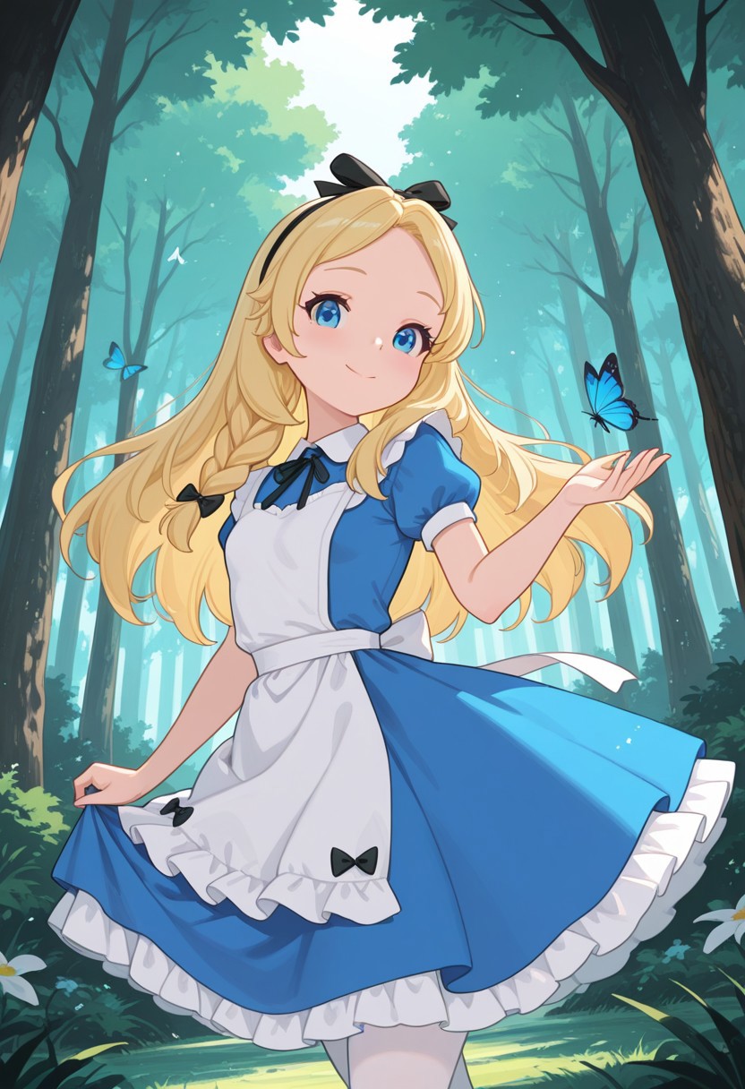 masterpiece, best quality, amazing quality, very aesthetic, absurdres,  newest, detailed background, outdoors, dynamic angle, forest, butterflies, 4k, 8k, 
alicexd, 1girl, solo, blonde hair, long hair, hairbow, blue dress, white apron, bow, cowboy shot, white tights, small breasts,  looking at viewer, blue eyes, smile, dancing