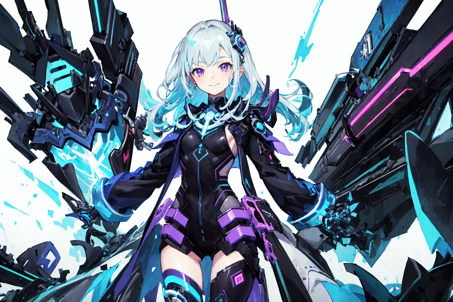 masterpiece, best quality, 1girl, solo, purple theme, smile, cyborg, cyberpunk, electricity, lightning, jacket, (white background:1.5), full body, panorama, , <lora:gsr:0.8>,GSHead <lora:tam:1>