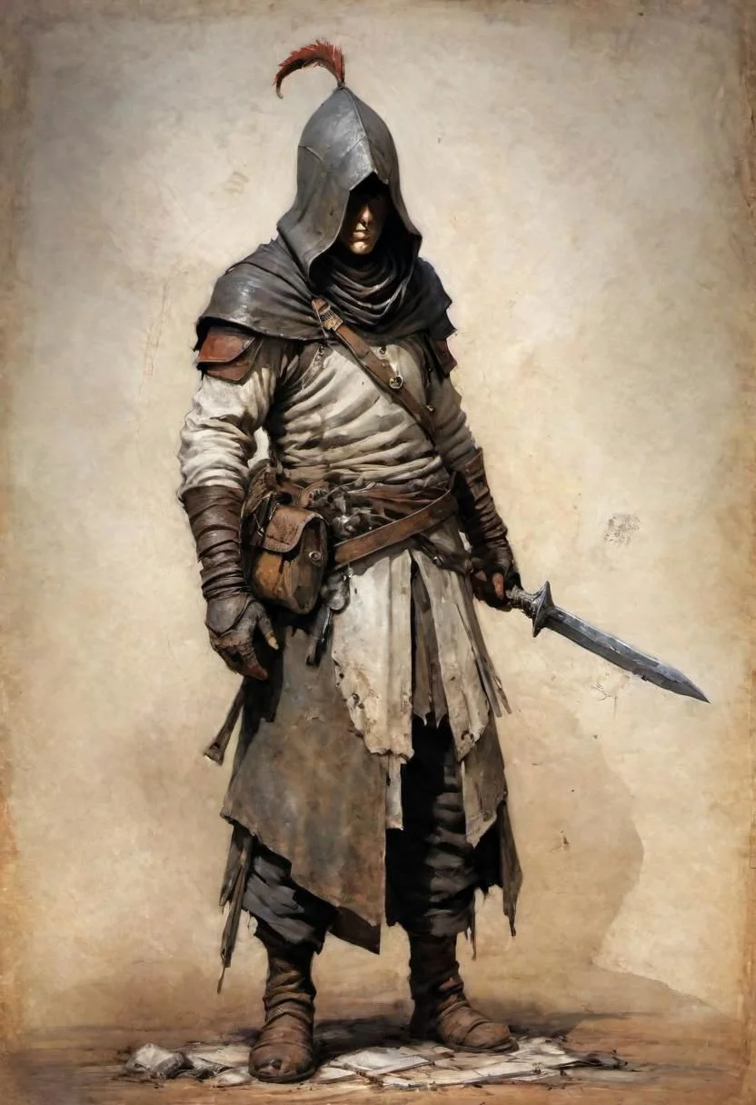 videogame art of (beggar clothes, human thief brigand, holding a iron rusty dagger, wearing leather tunic, metal and cloth shaped helmet, sewn together), by Jean-Baptiste Monge and Nicola Samori, assassins' creed clothes