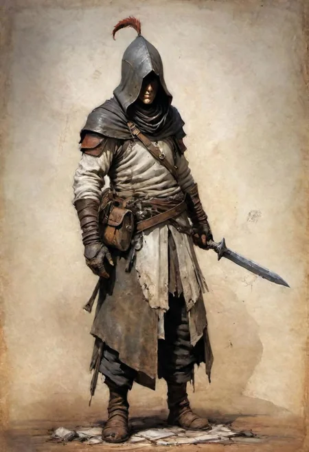 videogame art of (beggar clothes, human thief brigand, holding a iron rusty dagger, wearing leather tunic, metal and cloth shaped helmet, sewn together), by Jean-Baptiste Monge and Nicola Samori, assassins' creed clothes