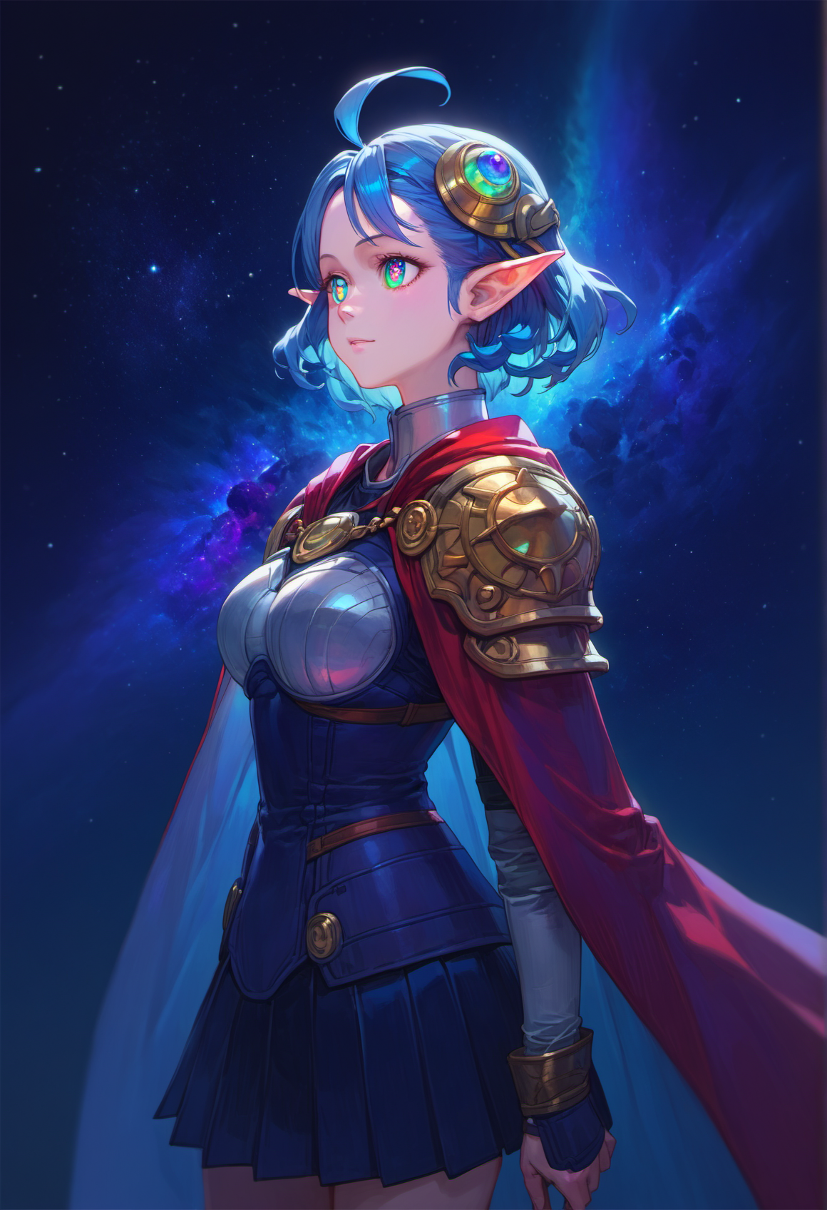 score_9, score_8_up, score_7_up, score_6_up,
star ocean, 1girl, rena lanford, ahoge, armor, [blue:opal:0.5] eyes, blue_hair, cape, hair_ornament, pleated_skirt, pointy_ears, short_hair, beautiful detailed eyes, symbol-shaped pupils,
from side, upper body, thigh gap, (close-up:1.2), space, star \(sky\), spiral galaxy, portrait, official wallpaper,
<lora:yukihiro_kajimoto_so2r_pony:0.8>
<lora:IOS_Iridescent_opal_style:0.8>