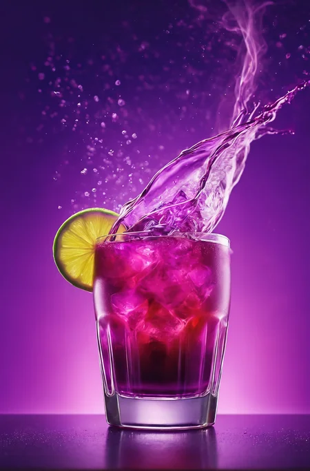 vibrant glowing purple drink, in the style of a product hero shot in motion, dynamic magazine ad image, photorealism, sleep and mystical elements around the background