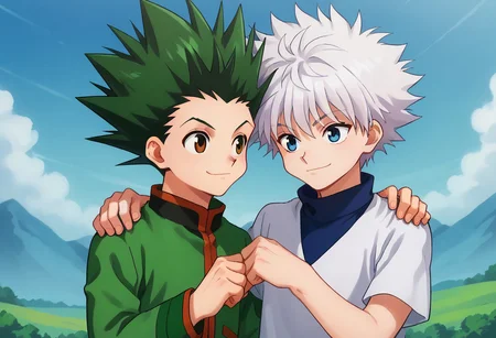 score_9, score_8_up, score_7_up, source_anime, highly detailed, 2boys
gonfreecs, 1boy, male focus, green hair, spiked hair,  smile, upper body, brown eyes,  
killuazoldick, 1boy, male focus, white hair, blue eyes, spiked hair,  short hair,  bangs, 
outdoor, sky, smile, arm around shoulder, hand on another's shoulder, fistbump,