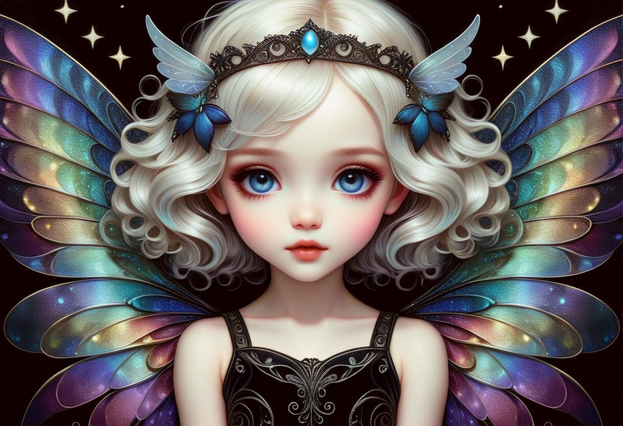 hyper detailed beautiful chibi sugar fairy, coherent delicate face, wavy luxurious hair, intricate iridescent wings, on black velvet canvas, centered composition, rule of thirds, drop shadowed, art by gorjuss, tim burton, margaret keane, charlie bowater, tom wood, keith garvey