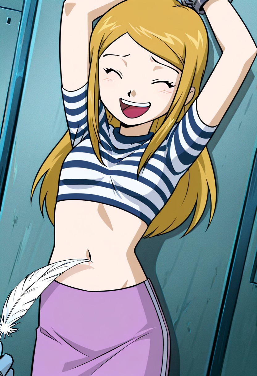 zPDXLx, mur4k4mi-ip,anime screencap, anime art style, digimon frontier, izumi orimoto, zoe orimoto, 1girl, blonde hair, midriff, tickling, closed eyes, striped shirt, long hair, navel, striped, solo, open mouth, smile, feathers, crop top, Navel tickling, torture