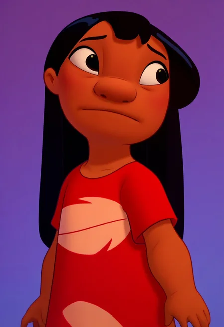 score_9, score_7_up, painting of 1girl, solo, lilo_pelekai, dark skin, black hair, long hair, black eyes, red dress, smile, shy:2, blue background, cute:2, gradient background, looking to the side, ((score_9, score_8_up, score_7_up)), modern-style colour illustration, perfect & accurate lineart, lifelike art, film grain, dynamic pose