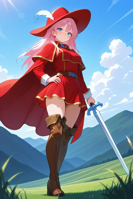 masterpiece, best quality, amazing quality, newest, 1girl, <lora:red_mage_V1.0_Illustrious:1.0>,red_mage_cos,(red feathered hat:1.2),red cape,red dress,gold trim,belt,thigh boots,,light smile,red cape fluttering, standing on a grassy plain, distant mountains, blue sky with clouds, holding a sword, RPG fantasy style, heroic atmosphere,from below, looking at viewer, center composition