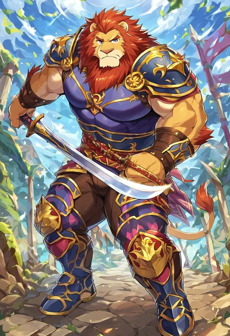 score_9, score_8_up, score_7_up, 1boy, bara, muscular, male focus, furry, anthro, lion, warrior's clothes, armor, fantasy, Two-handed sword, full body, dynamic pose, training grounds, outside, day, looking at viewer, frown, angry, masterpiece, best quality, amazing quality, FurryHeroes
