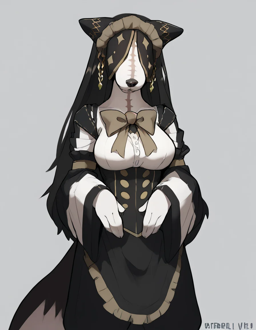 score_9, score_8_up, score_7_up, score_6_up, score_5_up, score_4_up, source_furry, anthro, cute, pestonya_shortcake_wanko, black fur, white countershading, covered eyes, scar, standing, looking at viewer, medium breasts, simple background, three-quarter view, front view, <lora:pestonya_shortcake_wanko:1.0> <lora:PonyXLCaninePussy_v1_justdadapt:1> <lora:PDXL_artist_tags_v2_big:1>
