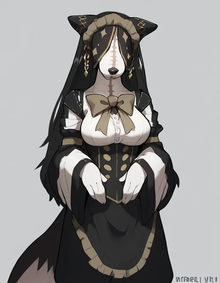 score_9, score_8_up, score_7_up, score_6_up, score_5_up, score_4_up, source_furry, anthro, cute, pestonya_shortcake_wanko, black fur, white countershading, covered eyes, scar, standing, looking at viewer, medium breasts, simple background, three-quarter view, front view, <lora:pestonya_shortcake_wanko:1.0> <lora:PonyXLCaninePussy_v1_justdadapt:1> <lora:PDXL_artist_tags_v2_big:1>