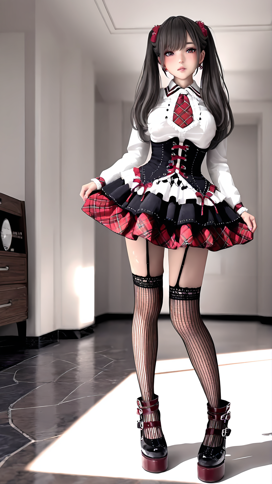 amazing quality,absurdres,best quality,masterpiece,highres,newest,detailed,detailed body,detailed face,masterpiece,best quality,solo,
meishilamei,1girl,solo,thighhighs,platform footwear,twintails,goth fashion,skirt,plaid,garter straps,jewelry,necktie,fishnets,fishnet thighhighs,striped clothes, corset, realistic,3d,mature female,<lora:ç¾å¼è¾£å¦¹å¬ä¸»è£:0.8>,