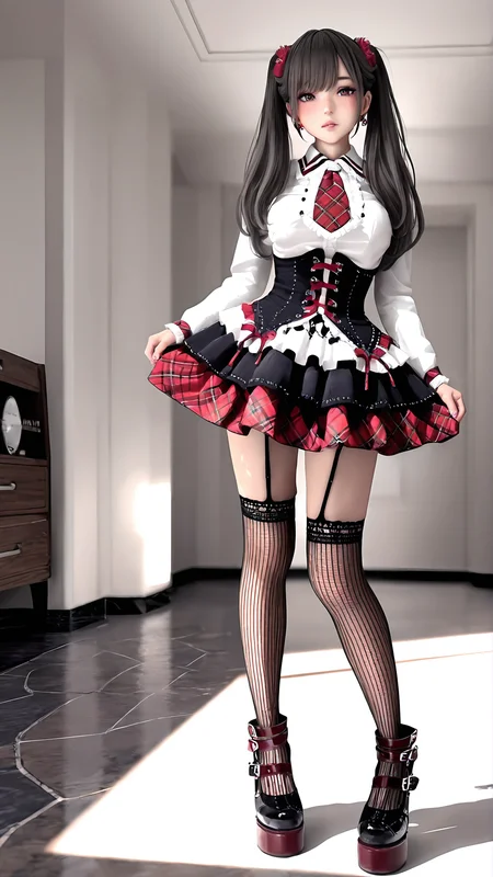 amazing quality,absurdres,best quality,masterpiece,highres,newest,detailed,detailed body,detailed face,masterpiece,best quality,solo,
meishilamei,1girl,solo,thighhighs,platform footwear,twintails,goth fashion,skirt,plaid,garter straps,jewelry,necktie,fishnets,fishnet thighhighs,striped clothes, corset, realistic,3d,mature female,<lora:ç¾å¼è¾£å¦¹å
¬ä¸»è£:0.8>,
