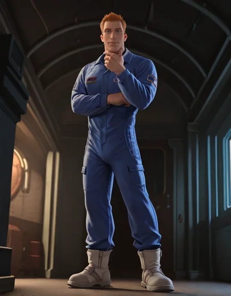 cinematic_depth, 8k, soft_lighting, warm_glow, ultra_high_quality, masterpiece, best quality, newest, perfect quality, best quality, detailed background, intricate details, male focus, solo, realistic, <lora:Planet 51 - Chuck Baker - Illustrious-000006:0.7> c_baker, 1boy, tall male, red hair, blue eyes, solo, full body, looking at viewer, jumpsuit, white boots, indoors, stroking own chin