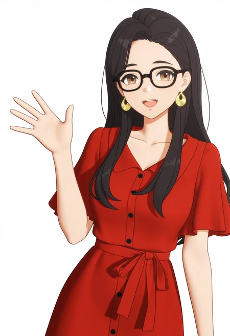 <lora:GBC_RW_illustrious-000012:1>,GBC_RW,1girl,solo,earrings,jewelry,black hair,long hair,black-framed eyewear,red dress,smile,open mouth,brown eyes,white_background,simple_background,waving,cowboy_shot,looking_at_viewer,3d