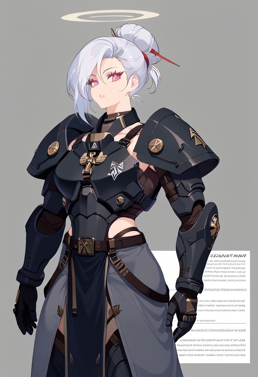 source_anime, solo, score_9, score_8_up, source_anime, BREAK, cowboy shot, gray background, (character sheet), (palm leaves), (1woman), adult woman, 22yo, wuthering waves, (sidebangs), hair bun, tall, slender body, athletic body, standing, looking at viewer, space marine, power armor, Astartes, Warhammer 40k, genderbend, jewelry, halo, tactical gear, (black armor), dark gray armor, matte colored armor, flat colored armor, shoulder armor, thigh armor, robes, tau battlesuit, tau rail rifle, straps, belts, harness, dark_techwear, Nyantcha style, Expressiveh, <lora:ç¦è¶_XL_PONY:0.9>, contour lines, concept art, Wuthering Waves
