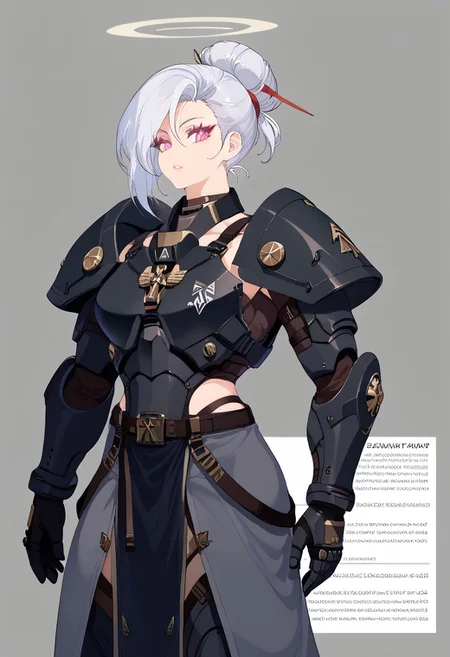 source_anime, solo, score_9, score_8_up, source_anime, BREAK, cowboy shot, gray background, (character sheet), (palm leaves), (1woman), adult woman, 22yo, wuthering waves, (sidebangs), hair bun, tall, slender body, athletic body, standing, looking at viewer, space marine, power armor, Astartes, Warhammer 40k, genderbend, jewelry, halo, tactical gear, (black armor), dark gray armor, matte colored armor, flat colored armor, shoulder armor, thigh armor, robes, tau battlesuit, tau rail rifle, straps, belts, harness, dark_techwear, Nyantcha style, Expressiveh, <lora:ç¦è¶_XL_PONY:0.9>, contour lines, concept art, Wuthering Waves