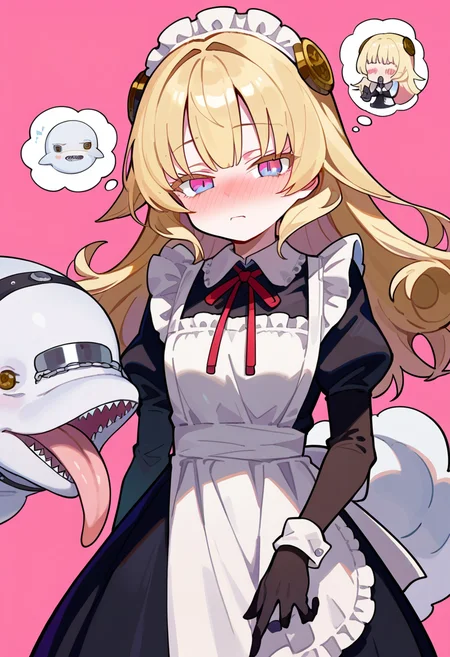 score_9, score_8_up, score_7_up, source anime, warg, 1girl, long hair, blonde hair, gloves, juliet sleeves, apron, thought bubble, blush, long sleeves, sharp teeth, puffy sleeves, maid, black gloves, looking at viewer, dress, imagining, black dress, white apron, tongue, ribbon, pink background, > <, neck ribbon, closed mouth, multicolored eyes, frills, nose blush, tongue out, hair ornament, two tone eyes, white dolphin,,, <lora:warg-xl-pony-v1-000005:1>, ,,
