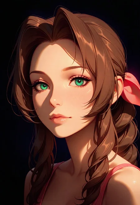 masterpiece, best quality, amazing quality, very aesthetic, flat colors, (artist:Tsuaii:1),
1girl, portrait, looking at viewer, horny look, strip tease, aerith(ff7),
Dark lighting, shadow, light, glow,
