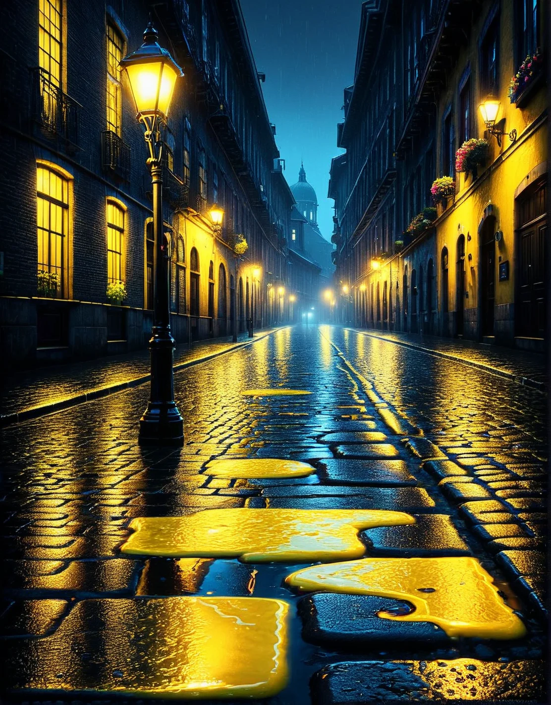 A lone streetlamp on wet cobblestone streets, casting a yellow ais-nnsplsh glow. <lora:ais-nnsplsh-sdxl:1>