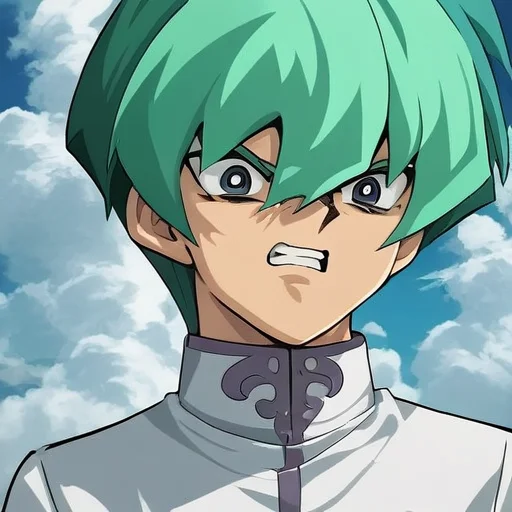 <lora:Noah_Kaiba_PONY:1> white shorts, duel disk, open mouth, cloud, clenched teeth, shorts, green hair, solo, 1boy, short hair, upperbody, grining score_9, score_8_up, score_7_up, score_6_up, masterpiece, best quality, amazing quality, best aesthetic, detailed face, source_anime