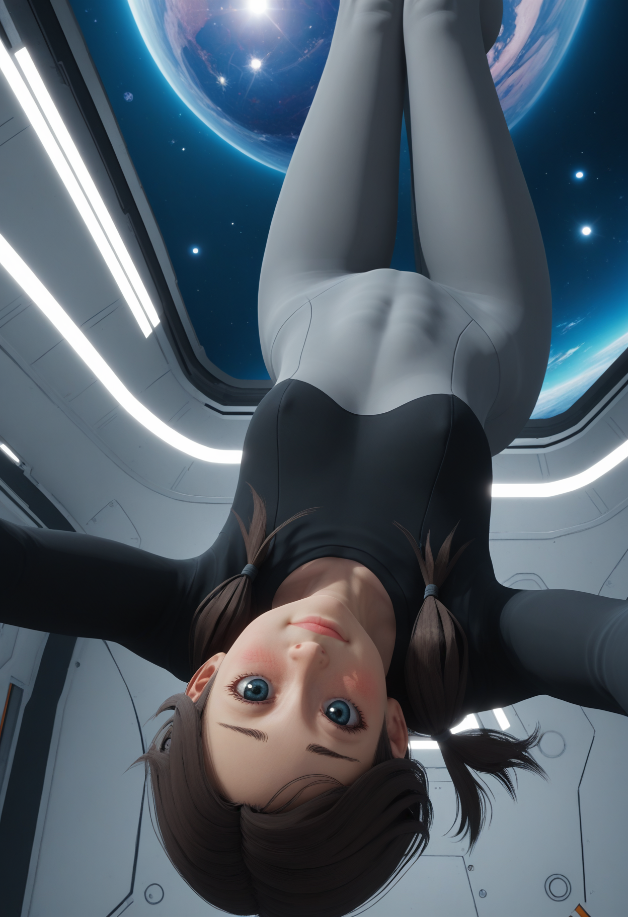 score_9, score_8_up, score_7_up,
1girl, solo, two-tone bodysuit:black top:grey bottom, skin tight, science fiction. low twintails, short twintails. space station, looking at viewer, blush, light smile, outstretched arms, legs up, upside-down, floating, zero gravity, very wide shot, dutch angle,
<lora:Dark_Annie_Pony_v1.0:0.8> d4rk4nn13,