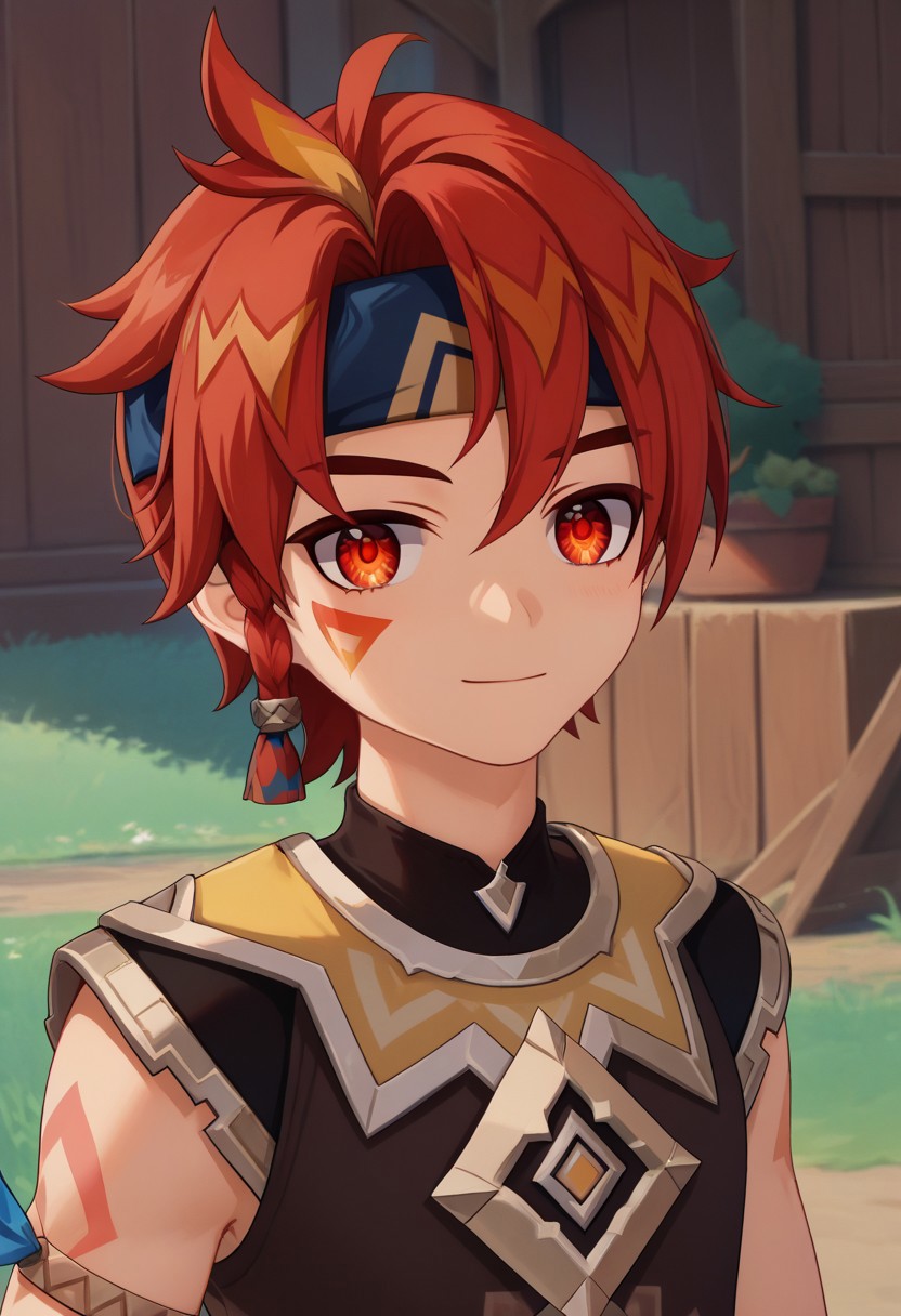 score_9, score_7_up, source_anime
mausau, 1boy, male focus, solo, red eyes, red hair, multicolored hair, streaked hair, headband, blue headband, braid, single braid, side braid, tattoo, facial tattoo, shirt, brown shirt, sleeveless, smile, closed mouth, portrait
outdoor,