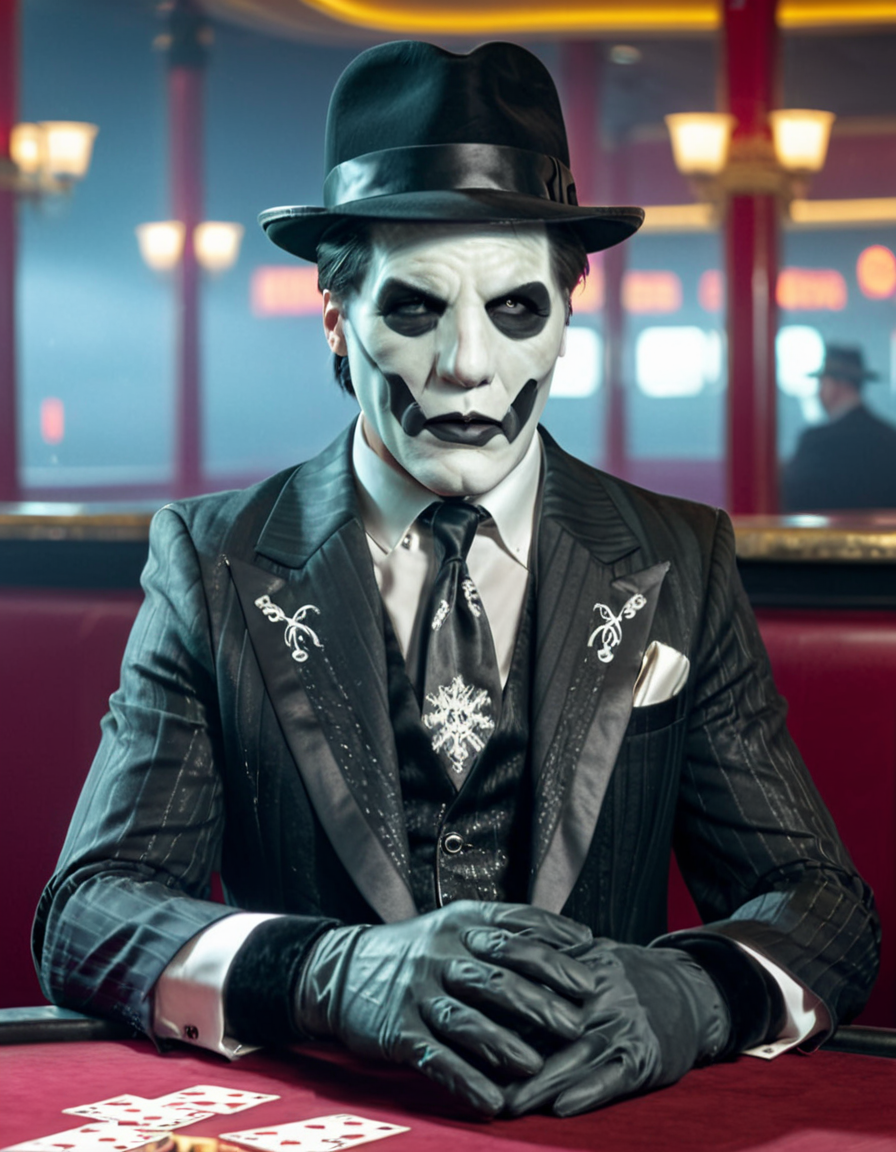 male mature, black hair, facepaint, black gloves, gangster mafia outfit, black white suit, gangster hat, sitting by a table in a dusty smoky casino