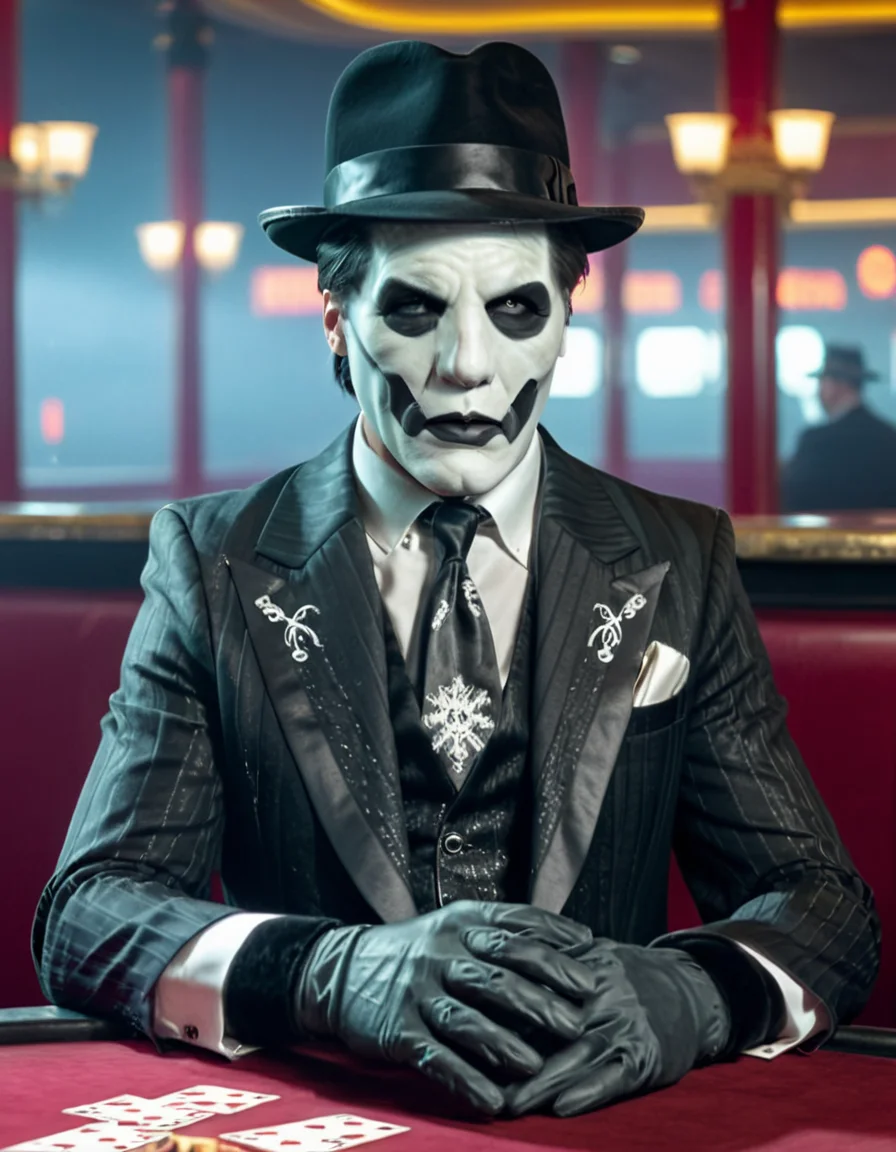 male mature, black hair, facepaint, black gloves, gangster mafia outfit, black white suit, gangster hat, sitting by a table in a dusty smoky casino