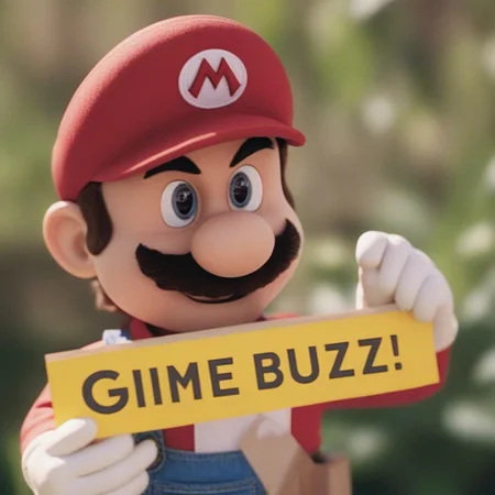 mario holding a cardboard sign that labels "gimme buzz" with a smiley face