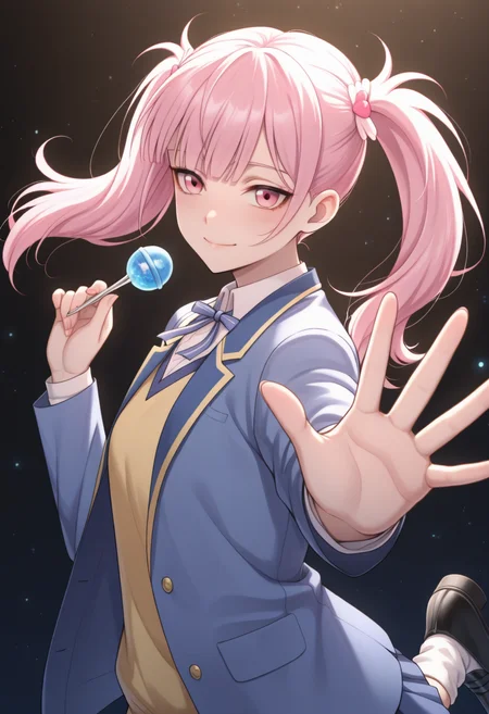 <lora:Li Tianxi School Uniform2:0.8>,15_Li Tianxi School UniformWoman,long hair,bangs,twintails,pink hair,side ponytail,pink eyes,shirt,ribbon,holding,twintails,medium breast,light skin,1girl,school uniform,blue jacket,white shirt,collared shirt,neck ribbon,school uniform,jacket,long sleeves,miniskirt,pleated skirt,black shoes,white socks,
masterpiece,best quality,intricate details,gothic fantasy,upper body portrait,dramatic pose,confident gaze,cinematic lighting,(clean background,glowing magical particles:1.3),(detailed face:1.3),vibrant colors.,
upper body,waving at viewer, close to face
