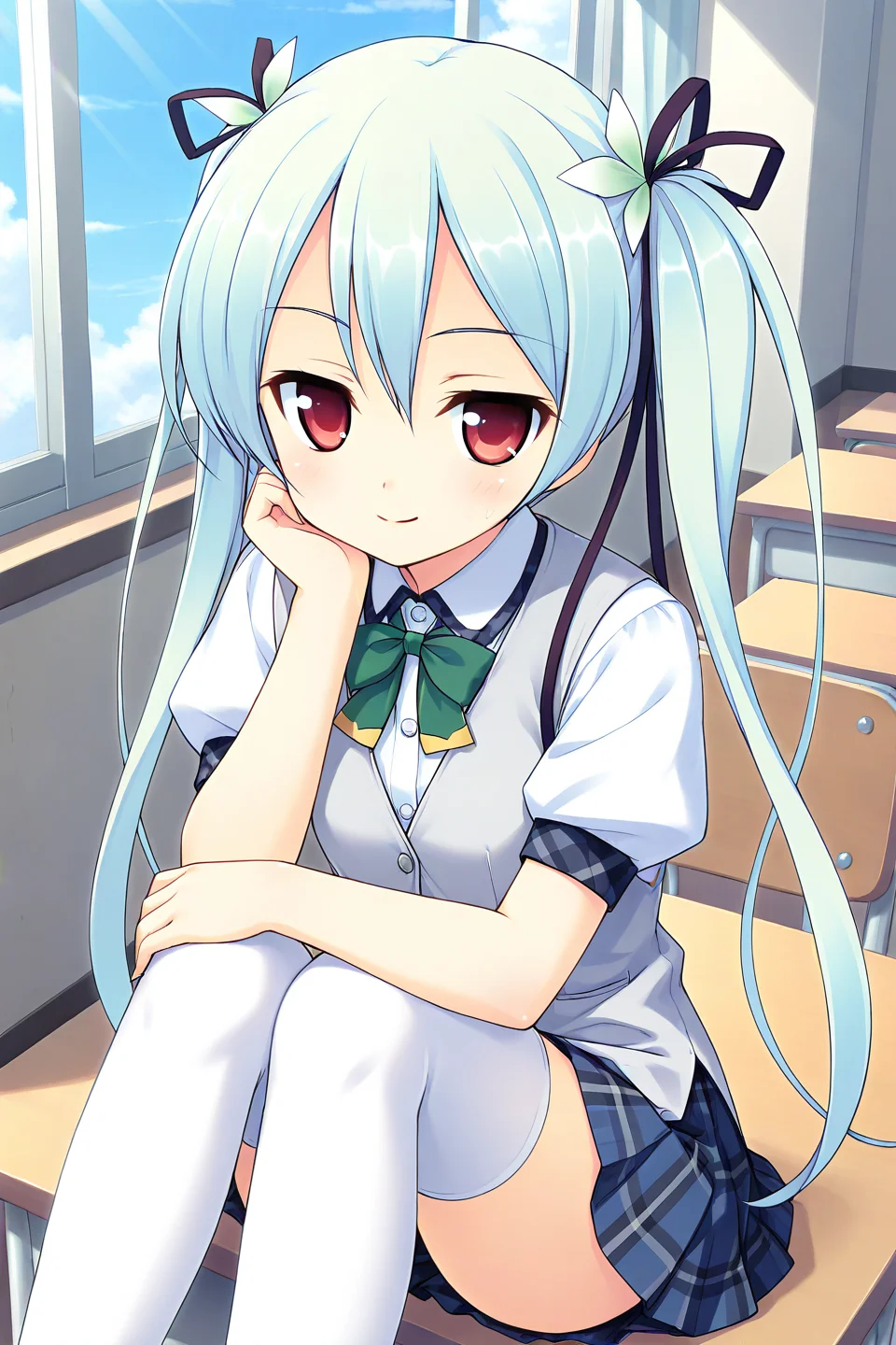 masterpiece, best quality, absurdres, official art, official style, general BREAK <lora:sawatarinanagi_IL_v1-2:0.7>, sawatari nanagi, 1girl, solo, red eyes, aqua hair, blue hair, hair between eyes, short hair, twintails, hair ribbon, black ribbon, hair flower, white flower, petite, flat chest, school uniform, grey vest, sweater vest, white shirt, collared shirt, green bowtie, buttons, puffy short sleeves, arm ribbon, green ribbon, blue skirt, miniskirt, plaid skirt, pleated skirt, white thighhighs, legs, smirk, blush, sitting, arm support, knees up, from above, close-up, dutch angle, looking at viewer, looking up, hand on own knee, indoors, classroom, school desk, sunlight, on desk, naughty face, window, sitting on desk, day, wet, light rays, school chair, blue sky