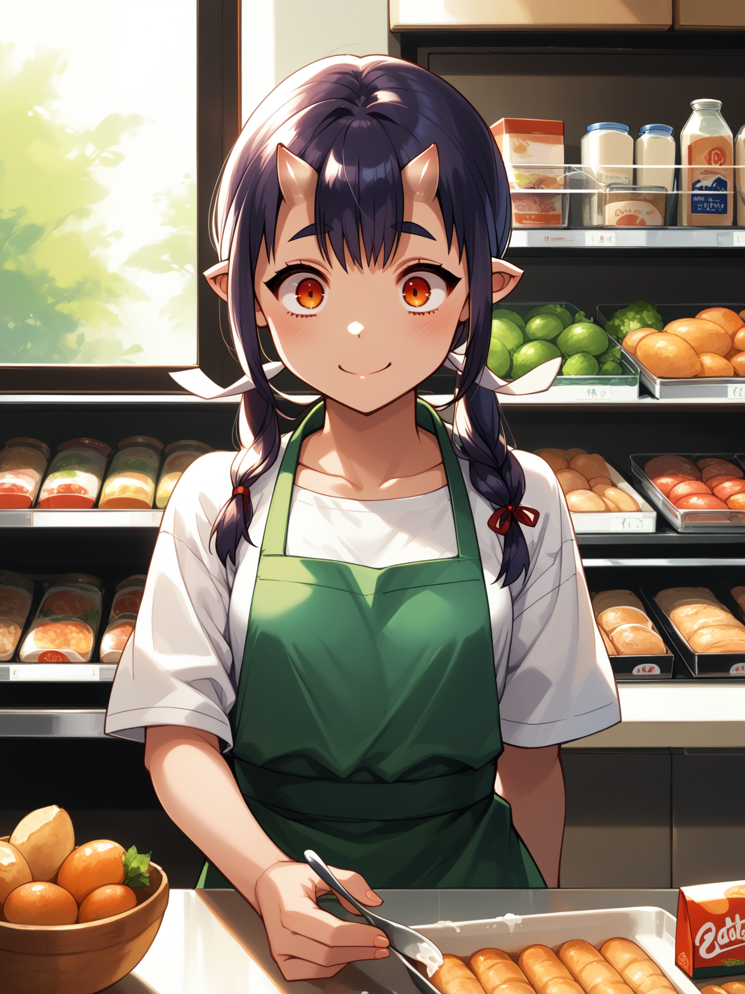 (upper body, solo focus:1.2) <lora:happy_tentacle-momiji-v0.1-000024:1>, ht_momiji, hair ribbon, small breasts, (petite:1.2), <lora:Shed_The_Skin's StS_age_slider_v1_initial_release:-1.2> ( :1.1) ( , (wide-eyed :1.2) , ( :1.2) , smile , :1.2) , indoors, ((day :0.6), (blue sky:0.6) :0.8), ( window :0.9), (furniture:0.9), loaded interior , , , , ( :0.9), grocery store, aisle, shelf, milk, juice , store clerk, green apron ( :0.8) score_9, score_8_up, score_7_up, score_6_up, score_5_up, score_4_up, ( [(realistic, photorealistic:1.3):(realistic:1.2):16] [(3d:1.2)::14] :1) <lora:LUUNA's Lunas-NijiJourney-SDXL-B2:0.4>, nijijourney <lora:prgfrg23's Counterfeit-V3.0 Style SDXL_LoRA_Pony Diffusion V6 XL:0.5> <lora:mfcg's mfcgXL:0.12> <lora:reweik's gyokai(himehajime)_PonyXL_style_v01:0.14>